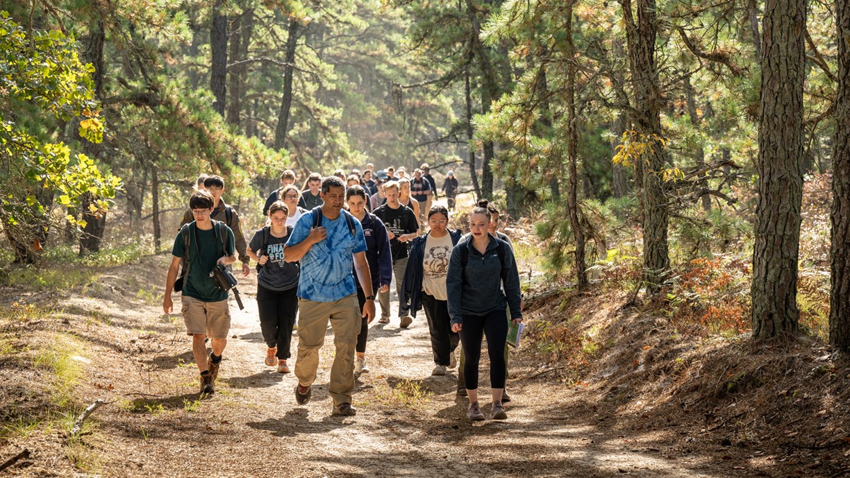 Vik Iyengar, PhD, leads his class on a field trip to the Pine Barrens, New Jersey.