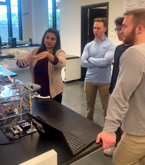 Deeksha Seth, PhD, demonstrates educational robots for her Villanova engineering students.