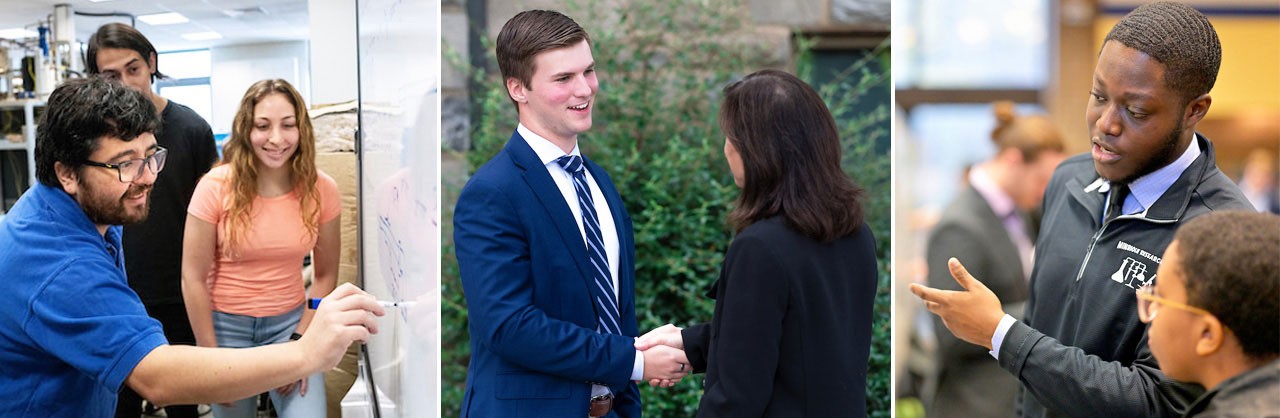 Collage of three images from left to right. Faculty and students interacting.