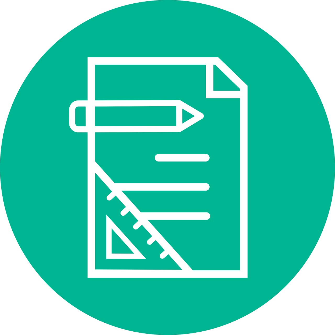 Icon representing a piece of paper with a triangular ruler in the bottom left corner and a pencil across the top of the page.