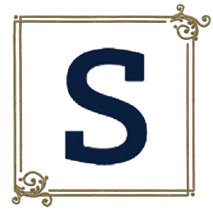 Image of the letter S in a script font with gold filigree surrounding it
