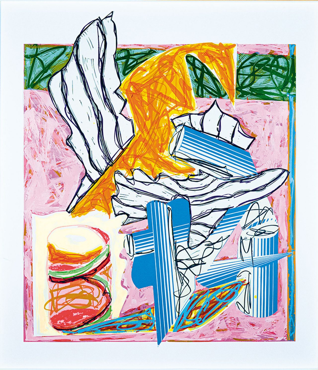 an abstract artwork on paper created using hand coloring as well as various printing methods